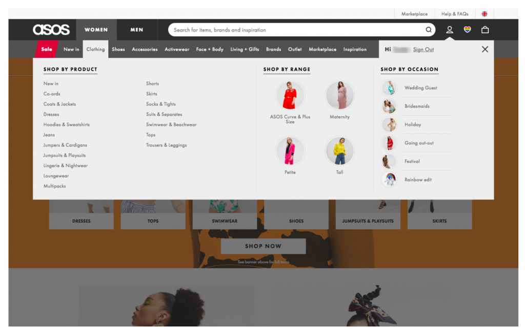 ASOS 通过专为目标受众打造的清晰导航栏，在简化用户购物体验方面做得非常出色。